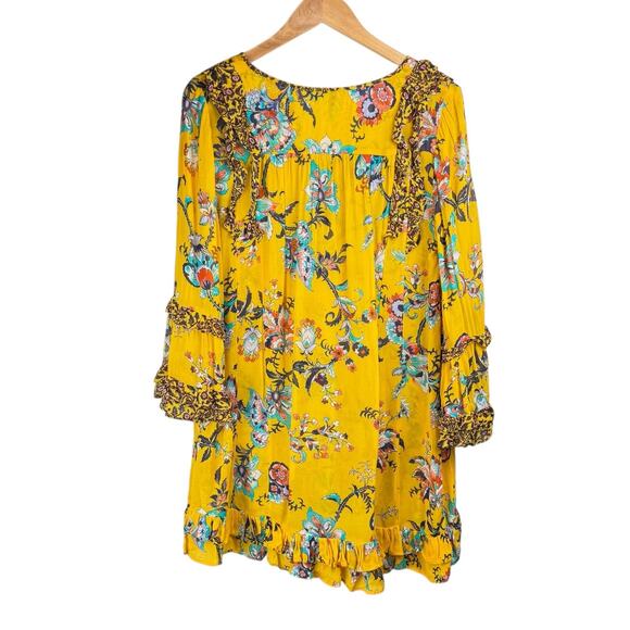 Anthropologie Marigold Yellow Bright Floral Ruffle V-neck Sheer Tunic Blouse - Picture 9 of 15